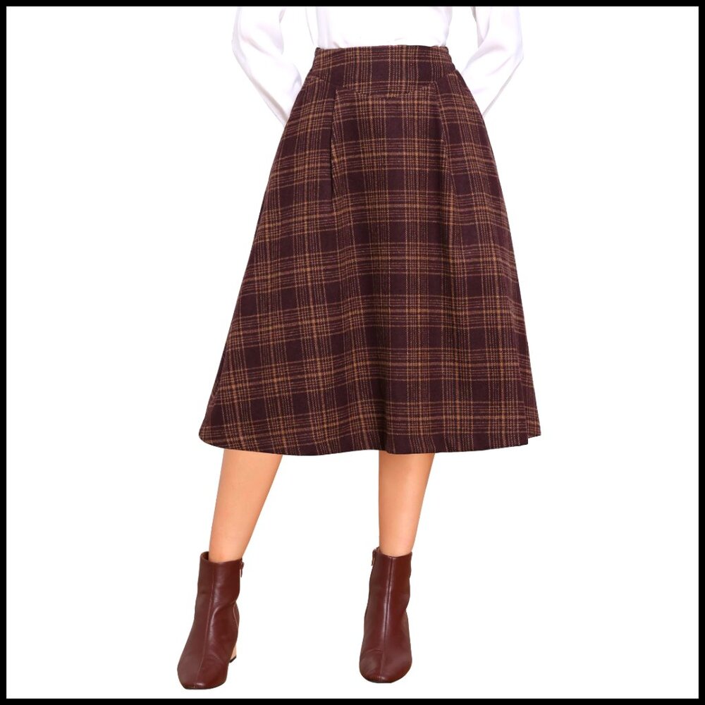 Vintage Tartan High Waist A-Line Midi Skirt with Pockets Size XS